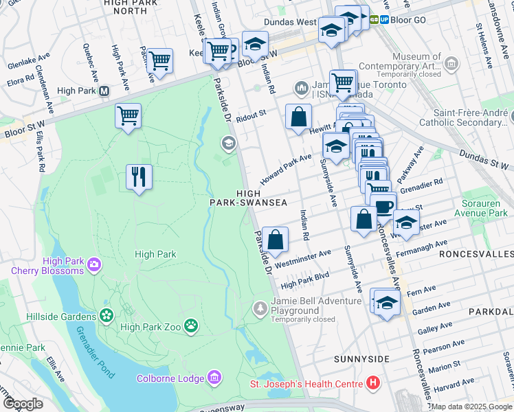 map of restaurants, bars, coffee shops, grocery stores, and more near in Toronto