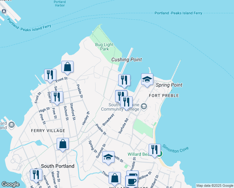 map of restaurants, bars, coffee shops, grocery stores, and more near 148 Breakwater Drive in South Portland