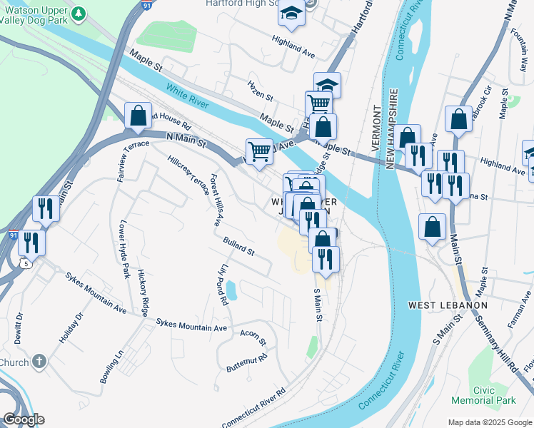 map of restaurants, bars, coffee shops, grocery stores, and more near Gates Street in Hartford