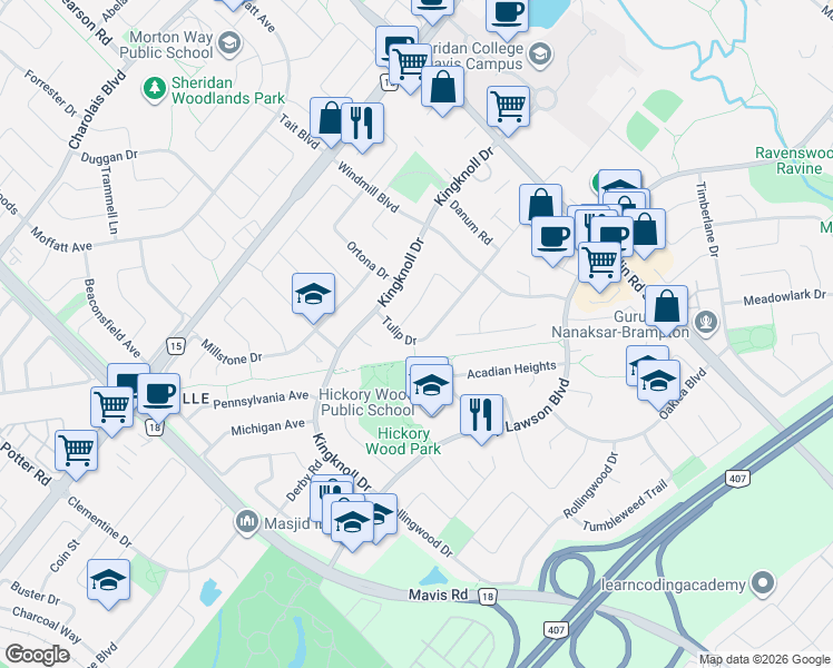map of restaurants, bars, coffee shops, grocery stores, and more near 70 Tulip Drive in Brampton