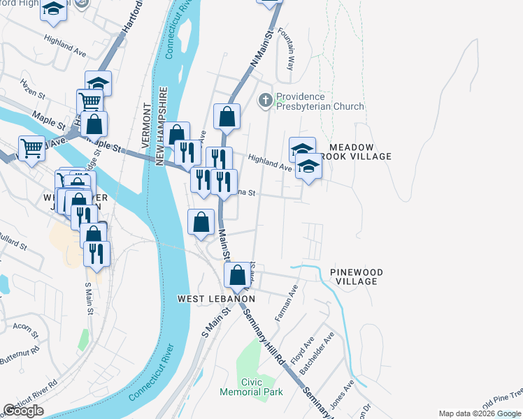 map of restaurants, bars, coffee shops, grocery stores, and more near 50 Maple Street in Lebanon