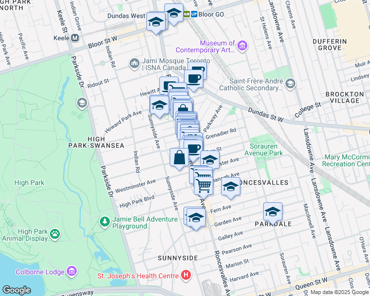 map of restaurants, bars, coffee shops, grocery stores, and more near 294 Roncesvalles Avenue in Toronto