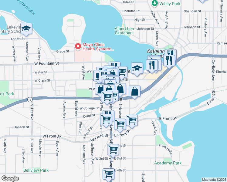 map of restaurants, bars, coffee shops, grocery stores, and more near in Albert Lea