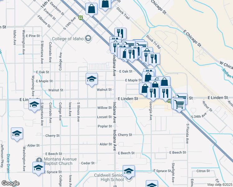 map of restaurants, bars, coffee shops, grocery stores, and more near 2439 South Indiana Avenue in Caldwell