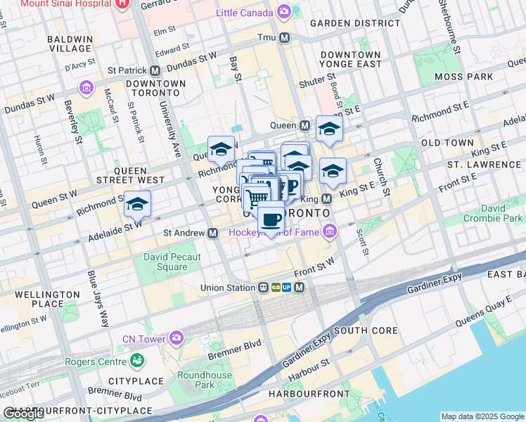 map of restaurants, bars, coffee shops, grocery stores, and more near 100 King Street West in Toronto