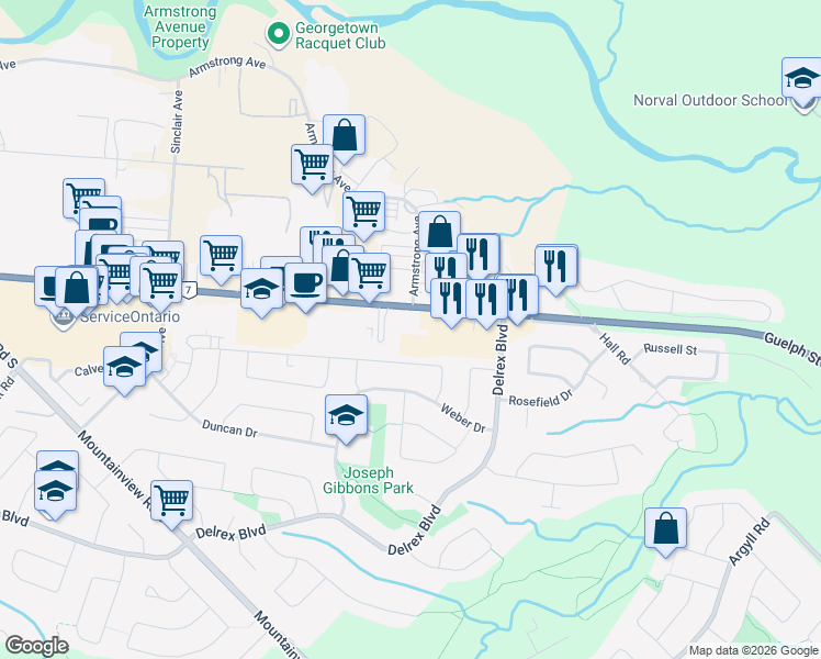 map of restaurants, bars, coffee shops, grocery stores, and more near 346 Guelph Street in Halton Hills