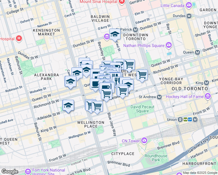 map of restaurants, bars, coffee shops, grocery stores, and more near 275 Richmond Street West in Toronto