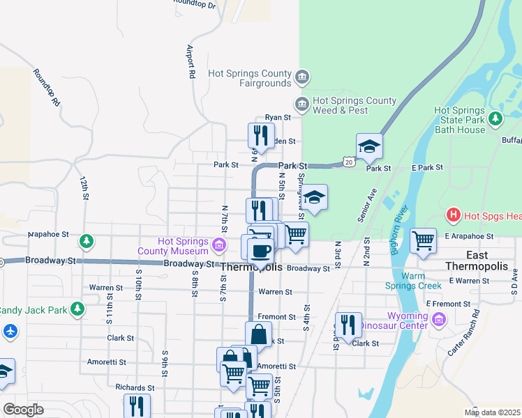 map of restaurants, bars, coffee shops, grocery stores, and more near 534 Big Horn Street in Thermopolis