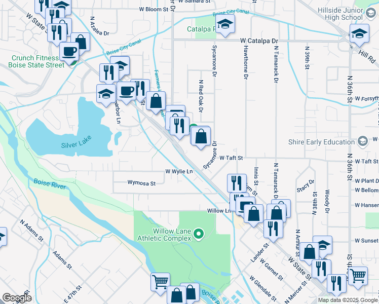 map of restaurants, bars, coffee shops, grocery stores, and more near 4630 West State Street in Boise