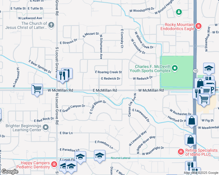 map of restaurants, bars, coffee shops, grocery stores, and more near 2225 East White Hawk Street in Boise