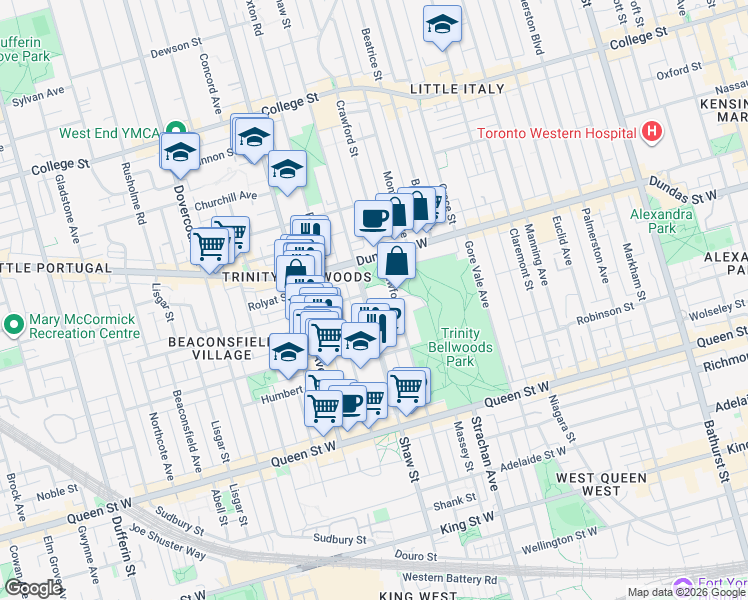 map of restaurants, bars, coffee shops, grocery stores, and more near 249 Shaw Street in Toronto
