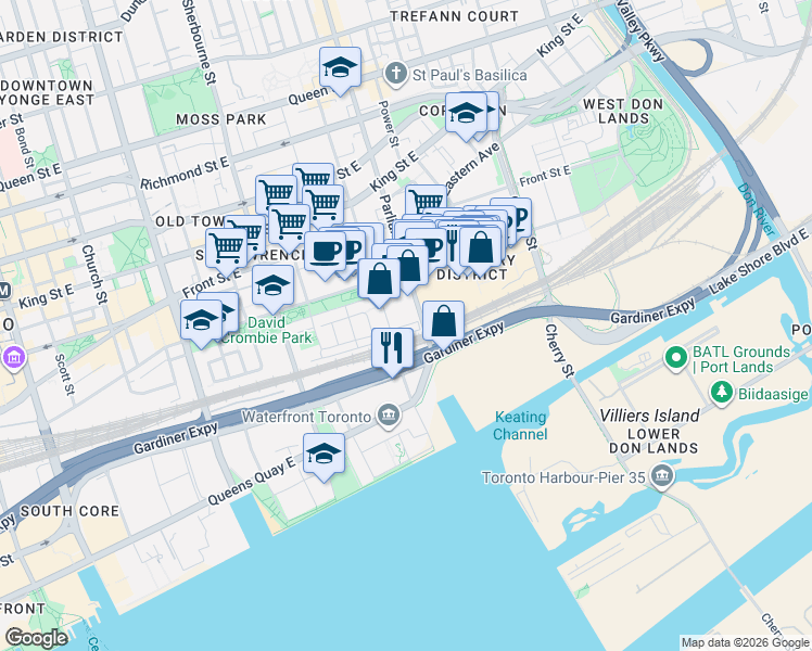 map of restaurants, bars, coffee shops, grocery stores, and more near 131 Longboat Avenue in Toronto