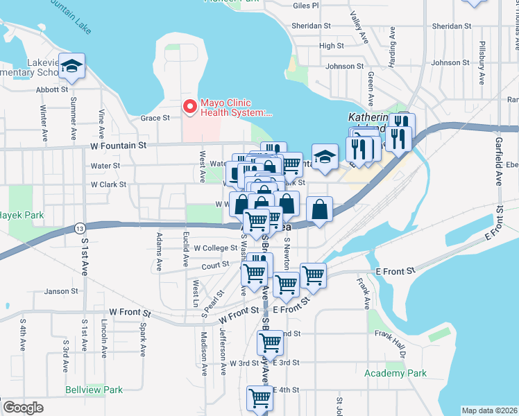 map of restaurants, bars, coffee shops, grocery stores, and more near in Albert Lea