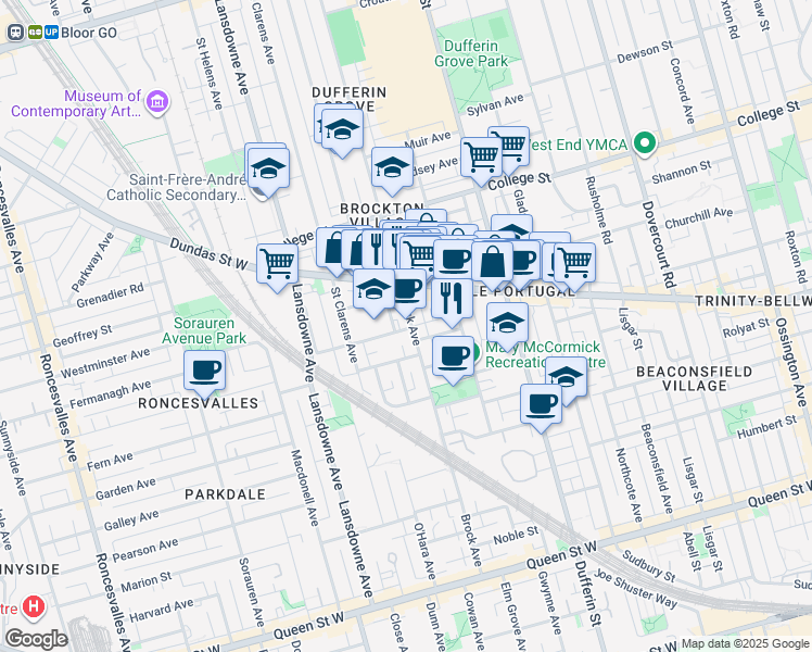 map of restaurants, bars, coffee shops, grocery stores, and more near 234 Brock Avenue in Toronto