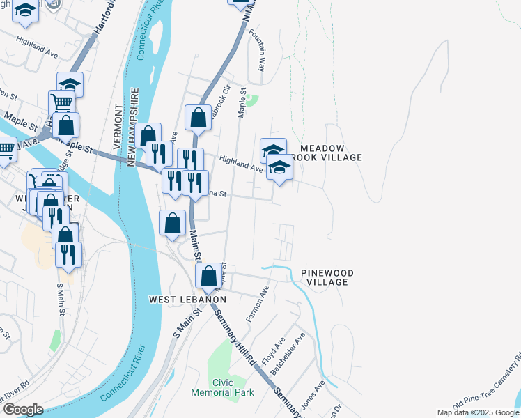 map of restaurants, bars, coffee shops, grocery stores, and more near 5 Mack Avenue in Lebanon
