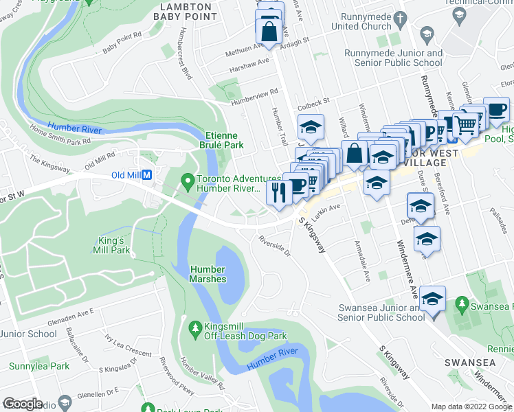 map of restaurants, bars, coffee shops, grocery stores, and more near 28 Old Mill Drive in Toronto