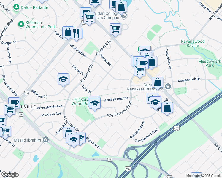 map of restaurants, bars, coffee shops, grocery stores, and more near O'Hara Place in Brampton