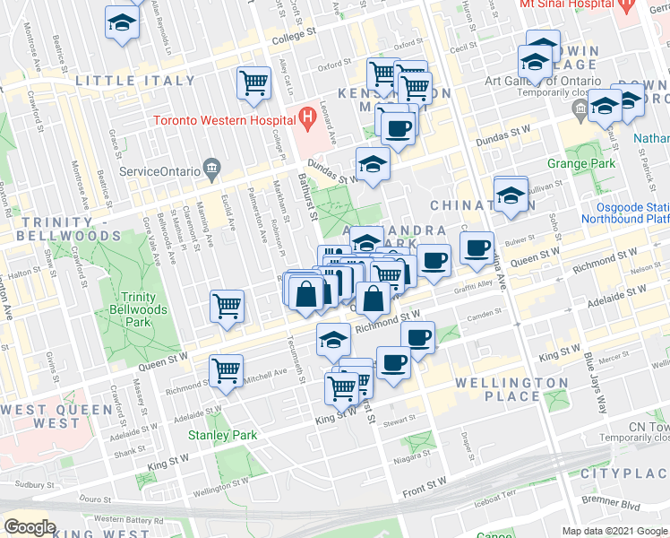 map of restaurants, bars, coffee shops, grocery stores, and more near 217 Bathurst Street in Toronto