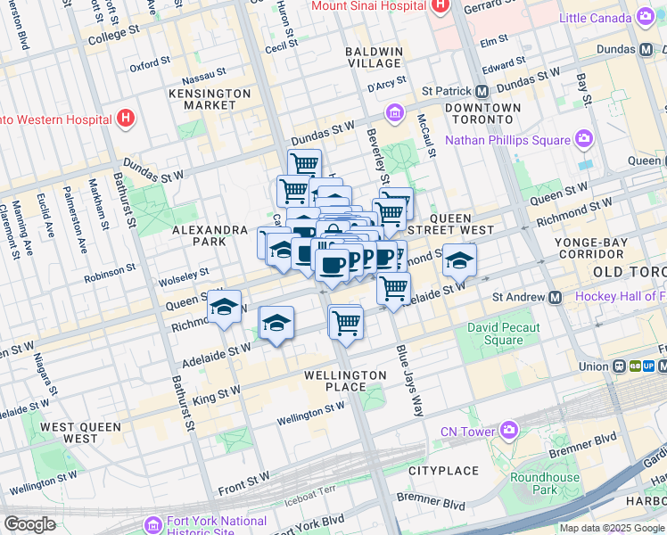 map of restaurants, bars, coffee shops, grocery stores, and more near 393-401 Richmond Street West in Toronto