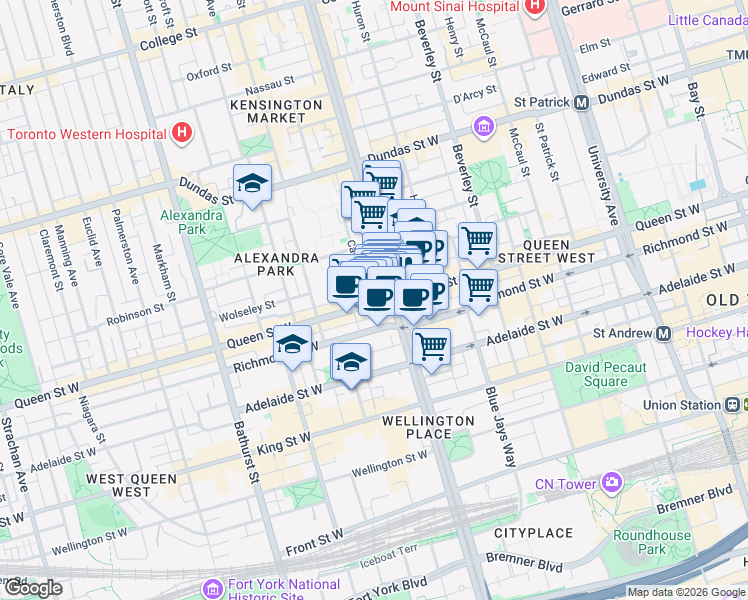 map of restaurants, bars, coffee shops, grocery stores, and more near 404 Queen Street West in Toronto