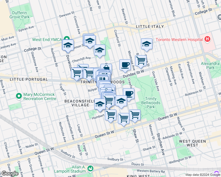 map of restaurants, bars, coffee shops, grocery stores, and more near 40 Halton Street in Toronto