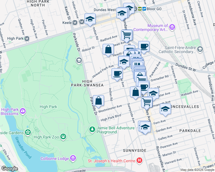 map of restaurants, bars, coffee shops, grocery stores, and more near 216 Indian Road in Toronto