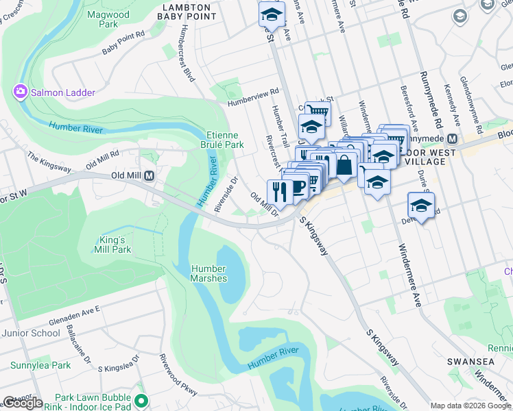 map of restaurants, bars, coffee shops, grocery stores, and more near 30 Old Mill Drive in Toronto