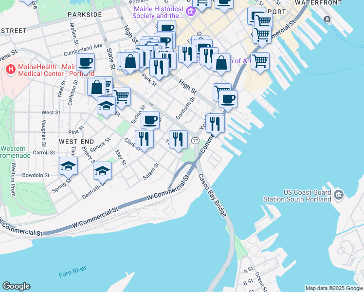 map of restaurants, bars, coffee shops, grocery stores, and more near 34 Tyng Street in Portland