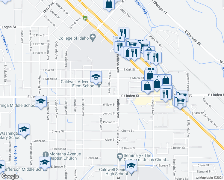 map of restaurants, bars, coffee shops, grocery stores, and more near 1917 East Linden Street in Caldwell