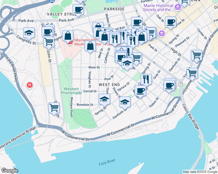 map of restaurants, bars, coffee shops, grocery stores, and more near 47 Thomas Street in Portland