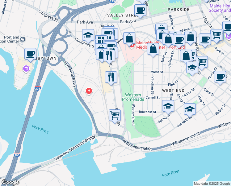map of restaurants, bars, coffee shops, grocery stores, and more near 147 Saint John Street in Portland