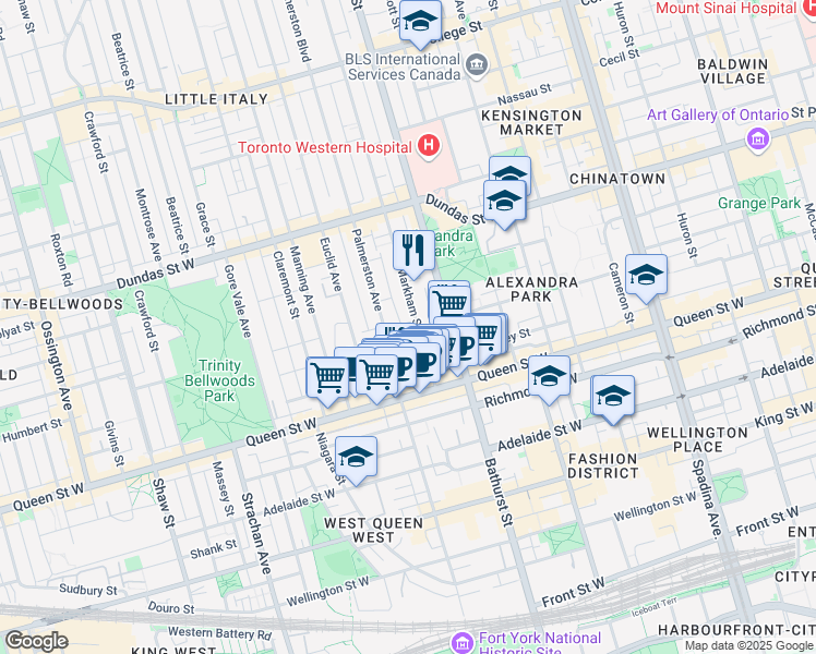 map of restaurants, bars, coffee shops, grocery stores, and more near in Toronto