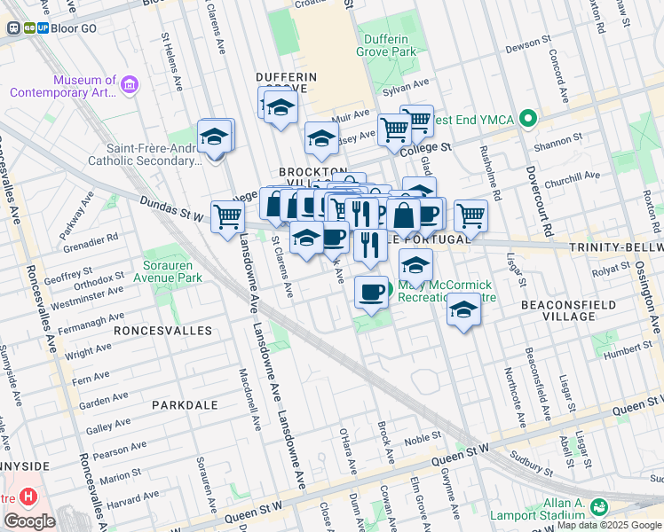 map of restaurants, bars, coffee shops, grocery stores, and more near in Toronto