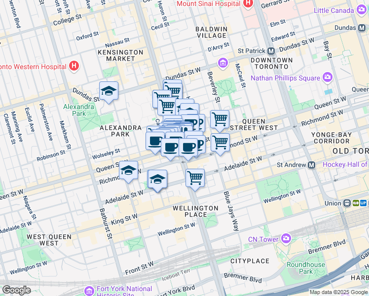 map of restaurants, bars, coffee shops, grocery stores, and more near 437A Queen Street West in Toronto