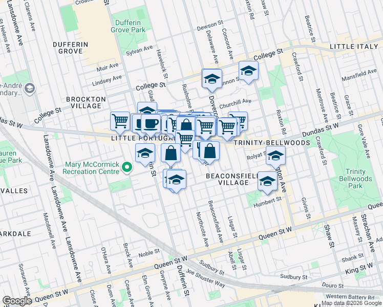 map of restaurants, bars, coffee shops, grocery stores, and more near 84 Mackenzie Crescent in Toronto