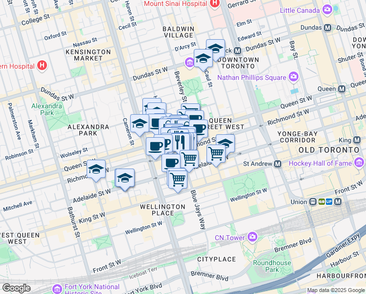 map of restaurants, bars, coffee shops, grocery stores, and more near 129 Peter Street in Toronto