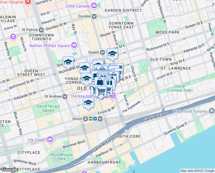 map of restaurants, bars, coffee shops, grocery stores, and more near in Toronto