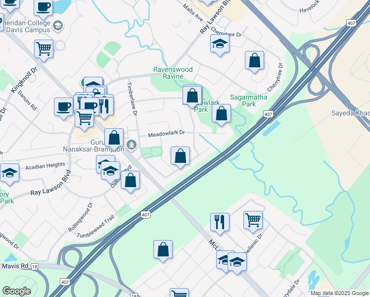 map of restaurants, bars, coffee shops, grocery stores, and more near 11 Saddlecreek Court in Brampton