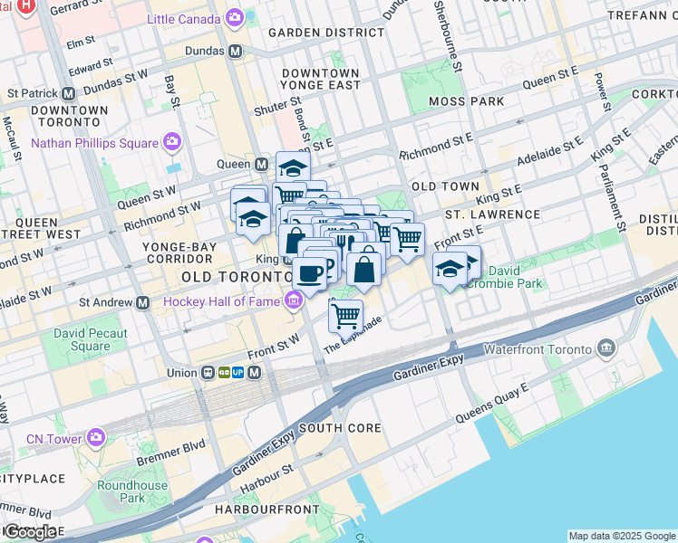 map of restaurants, bars, coffee shops, grocery stores, and more near 30 Wellington Street East in Toronto