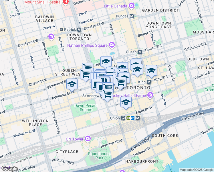 map of restaurants, bars, coffee shops, grocery stores, and more near in Toronto
