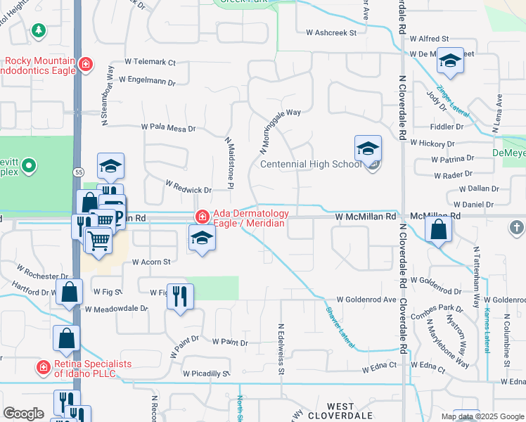 map of restaurants, bars, coffee shops, grocery stores, and more near 12889 West Goldenbrook Court in Boise