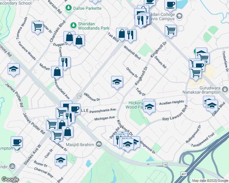 map of restaurants, bars, coffee shops, grocery stores, and more near 117 Creditstone Road in Brampton