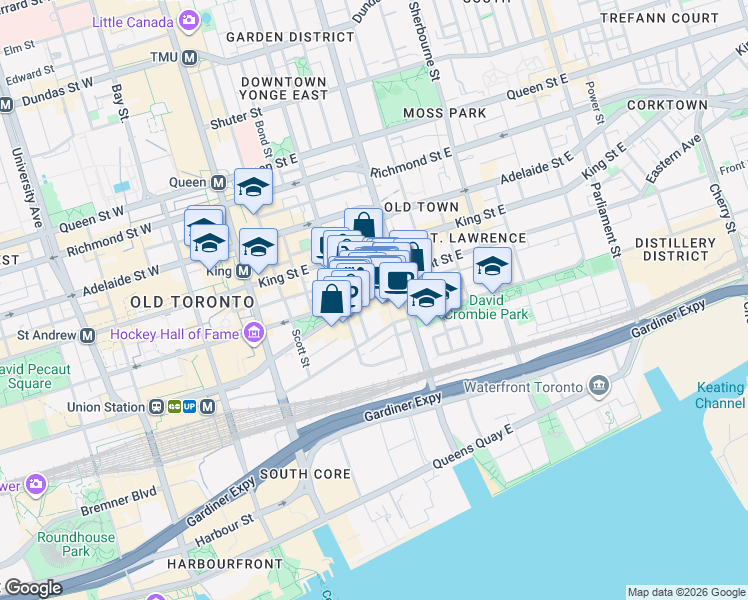map of restaurants, bars, coffee shops, grocery stores, and more near 81A Front Street East in Toronto