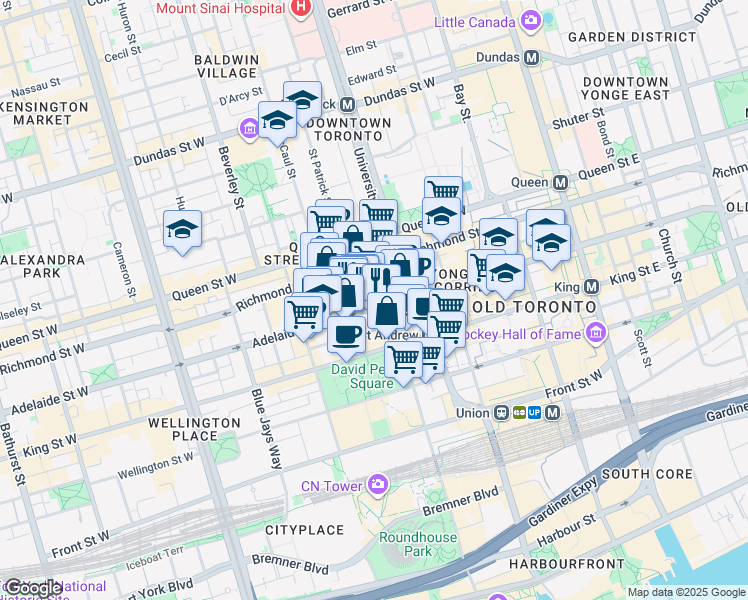 map of restaurants, bars, coffee shops, grocery stores, and more near 212A Adelaide Street West in Toronto