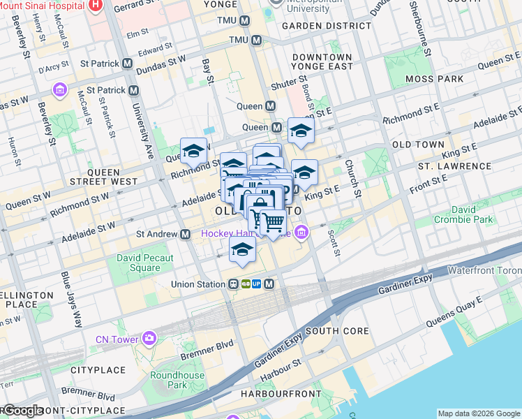 map of restaurants, bars, coffee shops, grocery stores, and more near 92 King Street West in Toronto