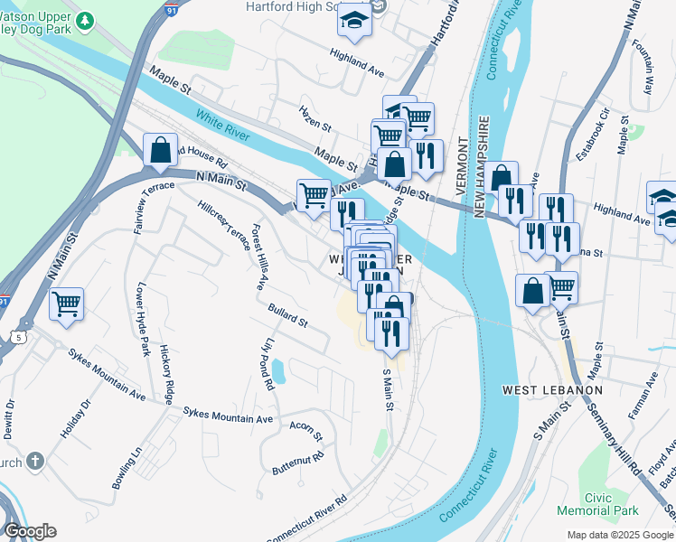 map of restaurants, bars, coffee shops, grocery stores, and more near 151 Gates Street in Hartford