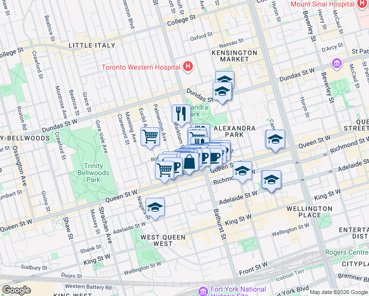 map of restaurants, bars, coffee shops, grocery stores, and more near 22 Robinson Street in Toronto