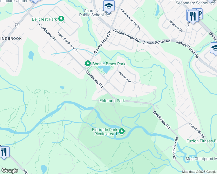 map of restaurants, bars, coffee shops, grocery stores, and more near 8573 Creditview Road in Brampton