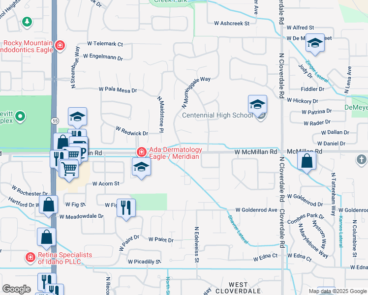 map of restaurants, bars, coffee shops, grocery stores, and more near 12889 W Goldenbrook Ct in Boise