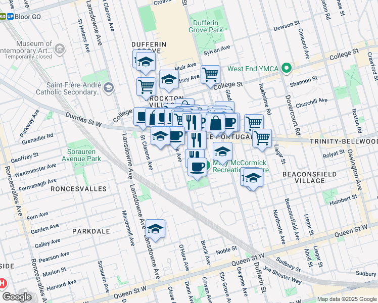 map of restaurants, bars, coffee shops, grocery stores, and more near 20 Brockton Avenue in Toronto